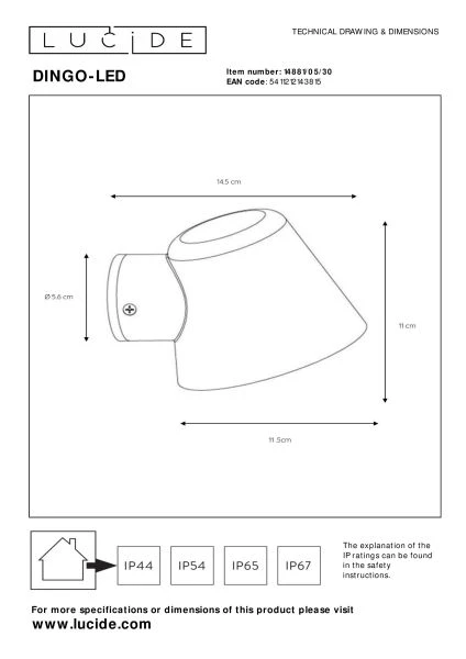 Lucide DINGO-LED - Applique murale Intérieur/Extérieur - LED Dim. - GU10 - 1x5W 3000K - IP44 - Anthracite - technique